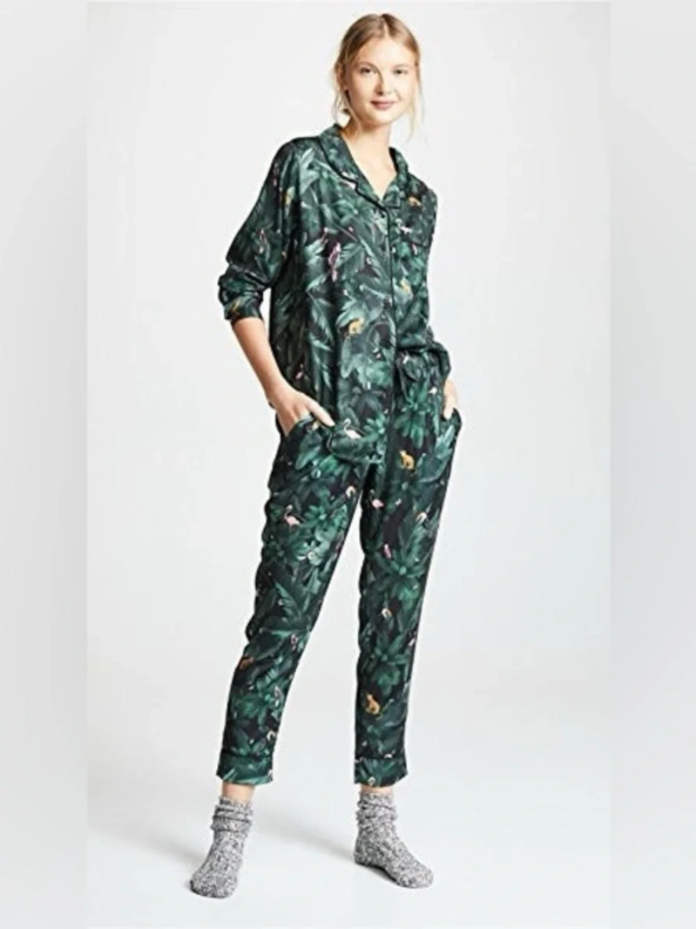 Anthropologie Women’s Tropical Green Palm-Print Pajama Set